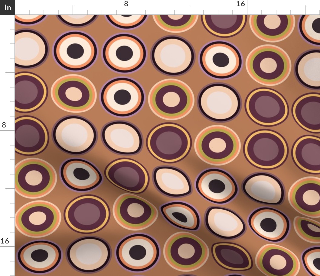 (M) Circles in brown, copper, taupe, beige, orange, yellow, green, lilac on brown