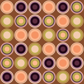 (M) Circles in brown, copper, taupe, beige, orange, yellow, green, lilac on bronze brown 