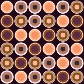 (M) Circles in brown, copper, taupe, beige, orange, yellow, green, lilac on black