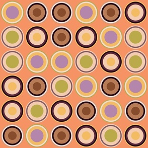 (M) Circles in brown, copper, taupe, beige, orange, yellow, green, lilac on coral orange