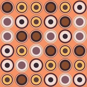 (M) Circles in brown, copper, taupe, beige, orange, yellow, green, lilac on coral orange