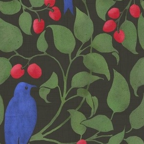 Blue Birds And Cherries On Charcoal Black