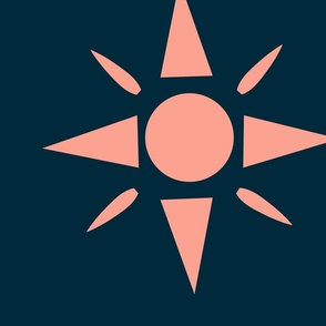 Pink sun and moon on dark blue background 