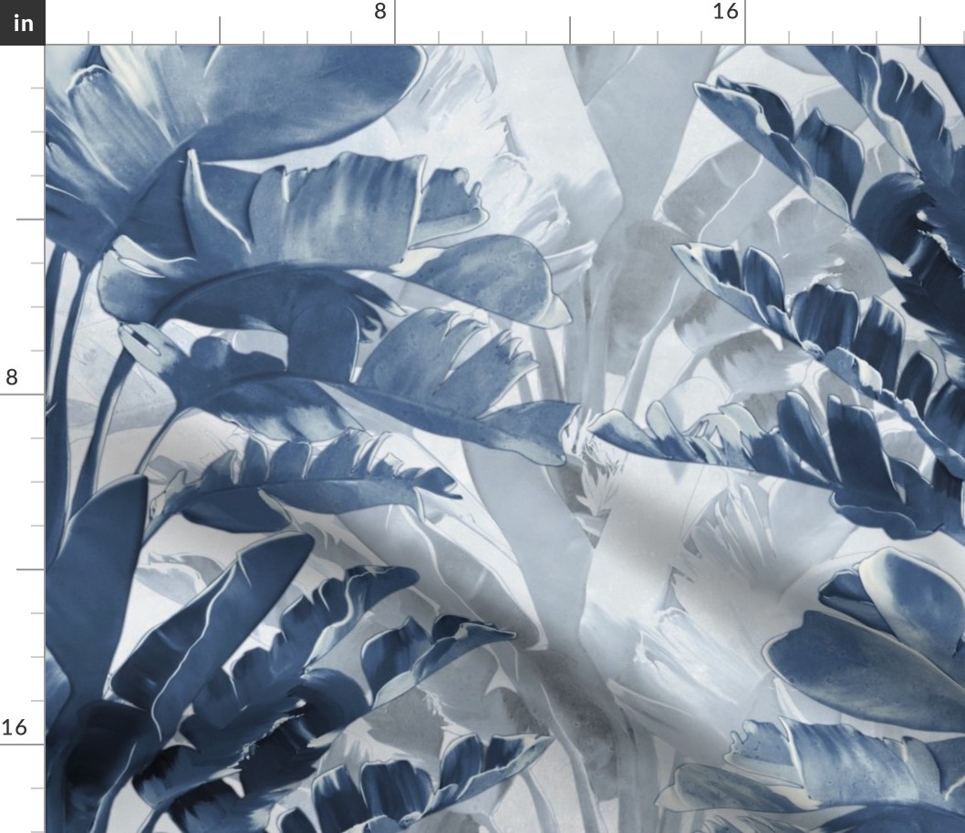 Exotic Banana Palm Leaves in Blue and White Colors