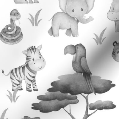 Safari Animals Baby Nursery Gray Watercolor 