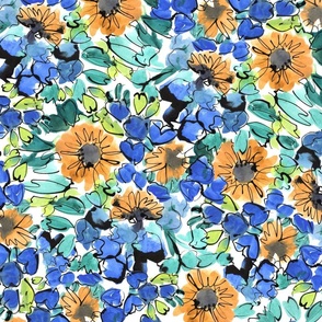 Painterly expressive sunflower floral in blue and orange
