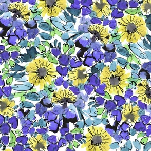 Painterly expressive sunflower floral in indigo and yellow