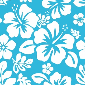 White Hawaiian Flowers on Aqua Ocean Blue Hawaiian Flowers-Medium Scale