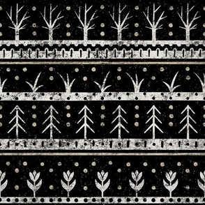 Folksy woods pattern block print inspired black and white with beige 