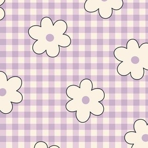 Daisies on Gingham Background, Pastel Purple, Spring