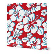 White and Aqua Ocean Blue Hawaiian Flowers on Red - Medium Size