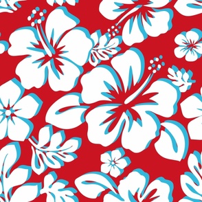 White and Aqua Ocean Blue Hawaiian Flowers on Red - Medium Size