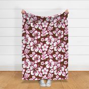 White and Hot Pink Hawaiian Flowers on Brown -Medium Scale