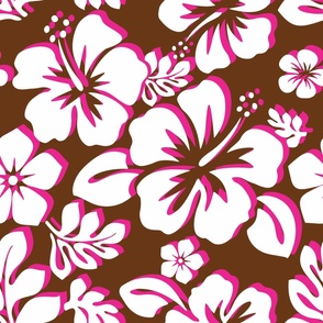 White and Hot Pink Hawaiian Flowers on Brown -Medium Scale