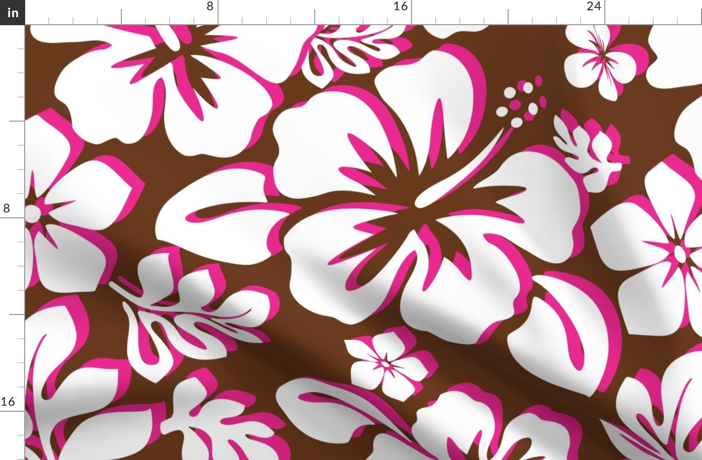 White and Hot Pink Hawaiian Flowers on Brown -Medium Scale