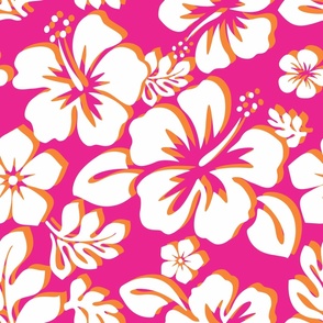 White and Orange Hawaiian Flowers on Surfer Girl Hot Pink -Medium Scale