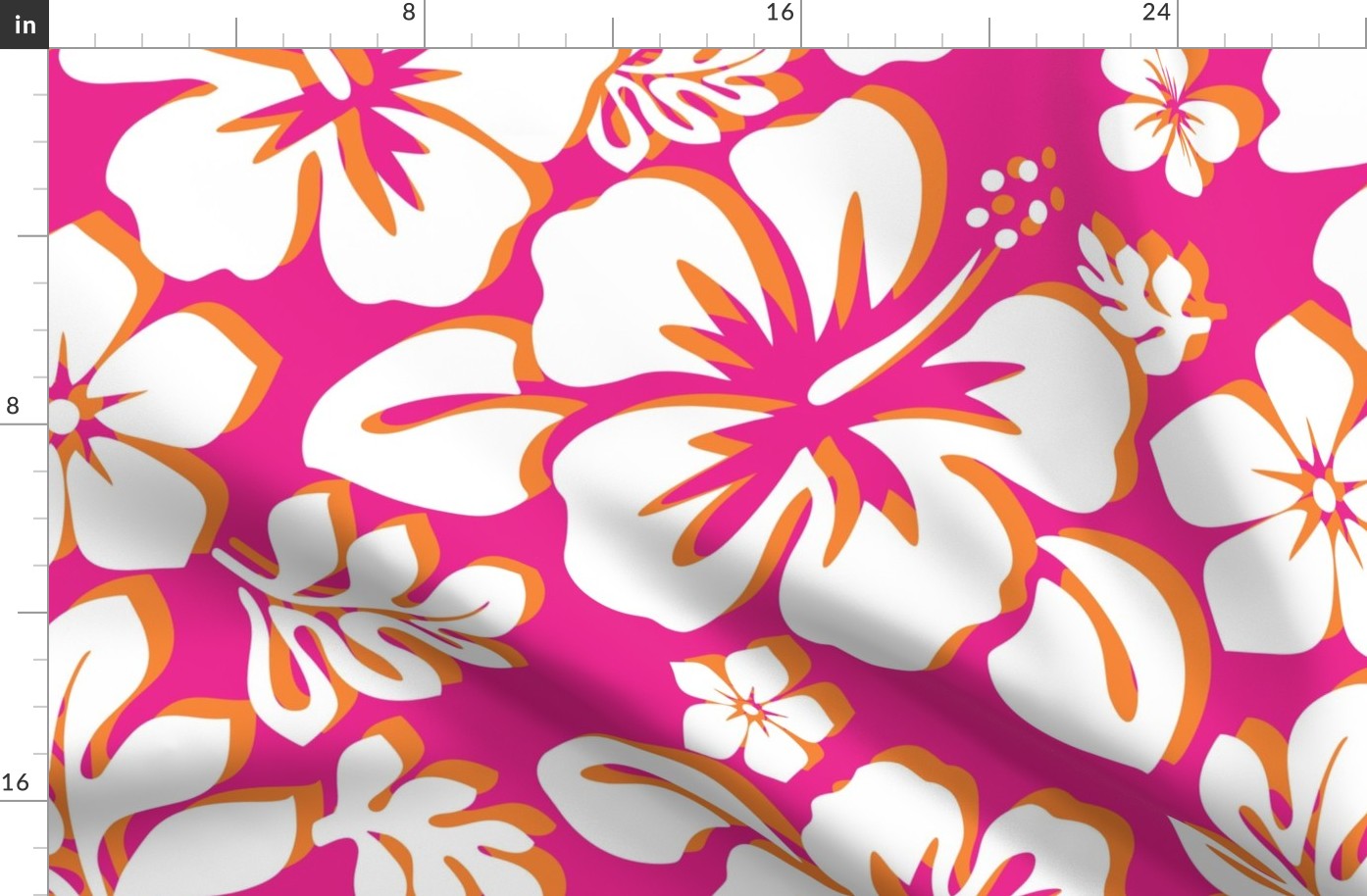 White and Orange Hawaiian Flowers on Surfer Girl Hot Pink -Medium Scale
