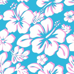 White and Pink Hawaiian Flowers on Aqua Ocean Blue -Medium Size