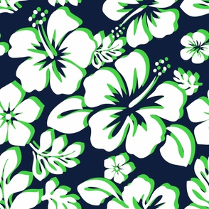 White and Lime Green Hawaiian Flowers on Navy Blue -Medium Size