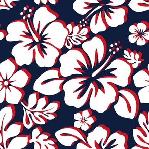 White and Red Hawaiian Flowers on Navy Blue -Medium Size