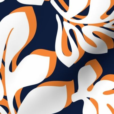 White and Orange Hawaiian Flowers on Navy Blue - Medium Size