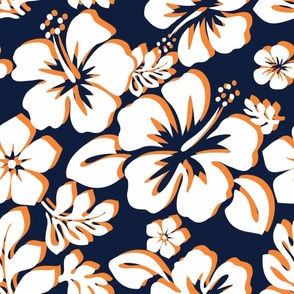 White and Orange Hawaiian Flowers on Navy Blue - Medium Size