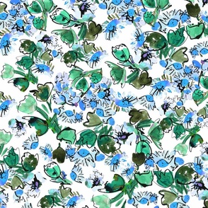 Happy daisy multi-directional expressive  watercolour floral - green and blue