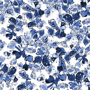 Happy daisy multi-directional expressive  watercolour floral - dark blue mono