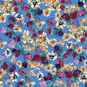  Happy daisy multi-directional expressive  watercolour floral - blue