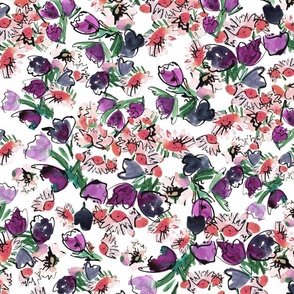 Happy daisy multi-directional expressive  watercolour floral - purple and white