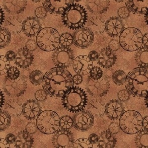 Steampunk clocks and gears copper background small