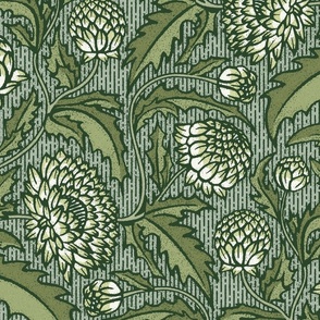 Chrysanthemum Wood Block Print - Soft Green - Victorian Garden Flowers