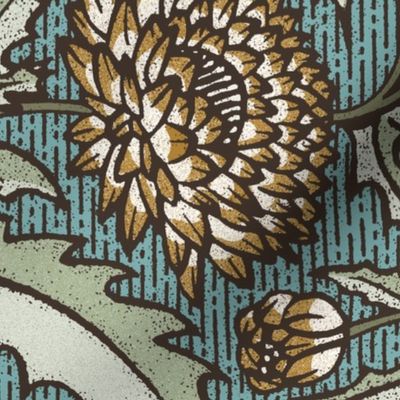 Chrysanthemum Wood Block Print - Myrtle Blue - Victorian Garden Flowers
