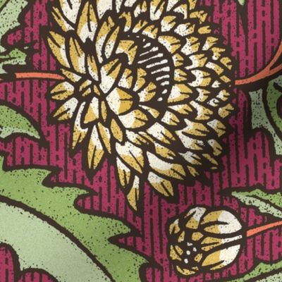 Chrysanthemum Wood Block Print - Cerise Red -  Victorian Garden Flowers