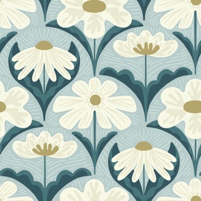 Large Flower Fete Scallops in Blue Wallpaper