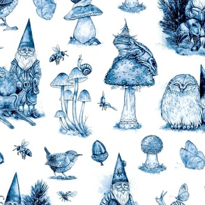 Woodland Gnomes Toile Blue - Large Repeat