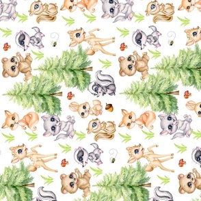 Woodland Forest Animals Watercolor Baby Nursery Fabric Rotated 