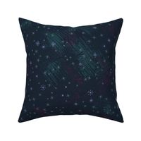 Scruffy snowflake pattern in dark blues, green and lilacs “stars and snowflakes”