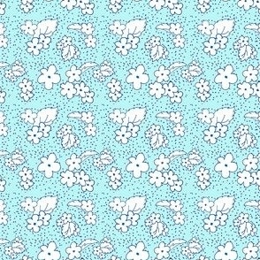 1:6 scale teal with white flowers for Dollhouse fabric, wallpaper, or miniature projects and decor.