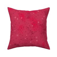 Kitsch retro style atomic snowflakes pattern design “stars and snowflakes” in reds and light reds.