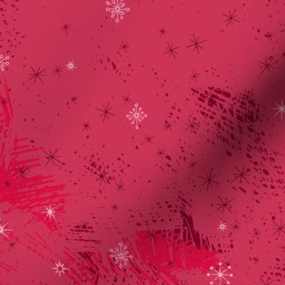 Kitsch retro style atomic snowflakes pattern design “stars and snowflakes” in reds and light reds.