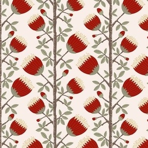 412 - Small scale Pohutukawa (metrosideros) folk Scandi primitive  style floral vibe for wallpaper, tablecloth, sheets, duvet covers and curtains. 