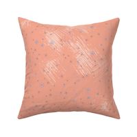 Kitsch retro style atomic snowflakes pattern design “stars and snowflakes” in peach fuzz, pink,  cream and grey.