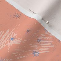 Kitsch retro style atomic snowflakes pattern design “stars and snowflakes” in peach fuzz, pink,  cream and grey.