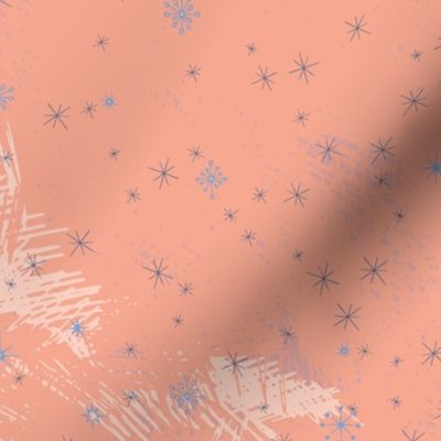 Kitsch retro style atomic snowflakes pattern design “stars and snowflakes” in peach fuzz, pink,  cream and grey.