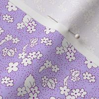 1:6 scale purple with white flowers for Dollhouse fabric, wallpaper, or miniature projects and decor.