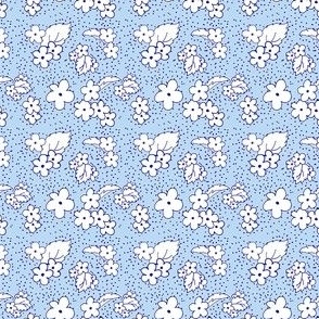 1:6 scale blue with white flowers for dollhouse  fabric, wallpaper, or miniature projects and decor.