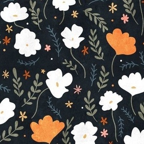 orange and white wildflowers on black, small scale