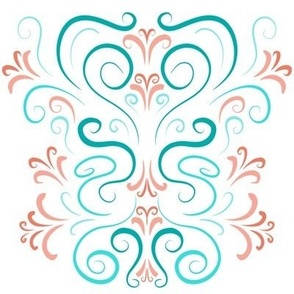 Seafoam Swirls and Coral Blooms on White