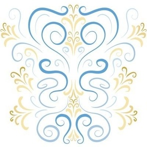 Blue Swirls and Golden Blooms on White